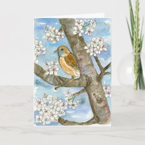 Sparrow Bird Spring Flowering Tree Happy Birthday Card