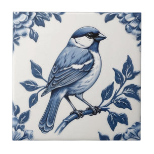 Sparrow Delft Blue and White Floral Bird Ceramic Tile
