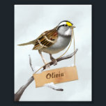 Sparrow Illustration Photo Print<br><div class="desc">White-throated sparrow (Zonotrichia albicollis) in the snow. Small wooden board. Customize name. Ideal for gift giving.</div>