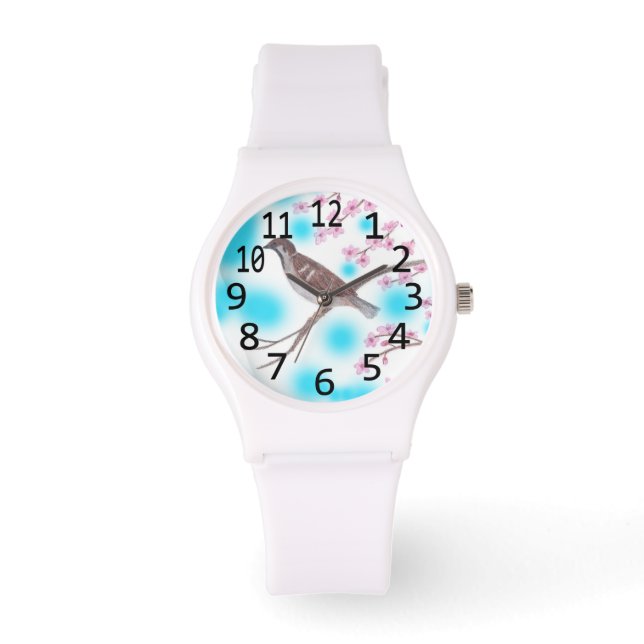 Sparrow in Cherry Blossom Tree Sky Watches (Front)