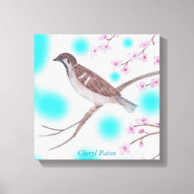 Sparrow in Cherry Blossom Tree Sky Wrapped Canvas (Front)