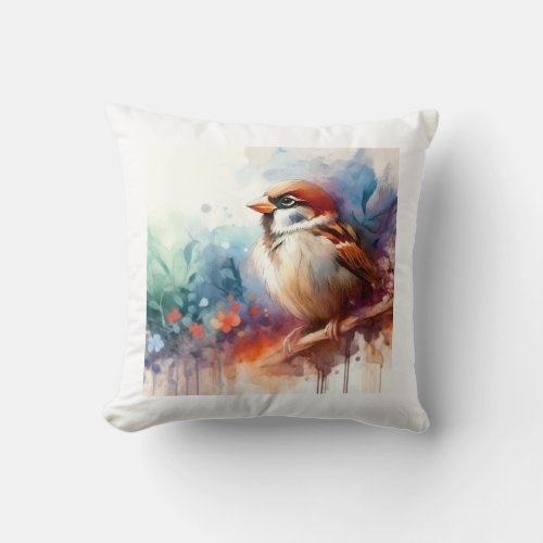 Sparrow in Light AREF761 _ Watercolor Throw Pillow