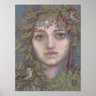 Sparrow Lady Surreal Fantasy Art Portrait Painting Poster