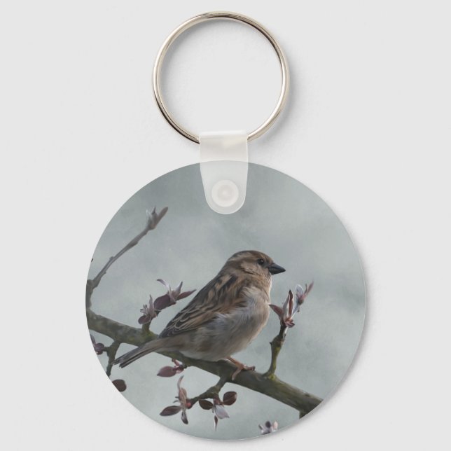 Sparrow on Branch Keychain (Front)