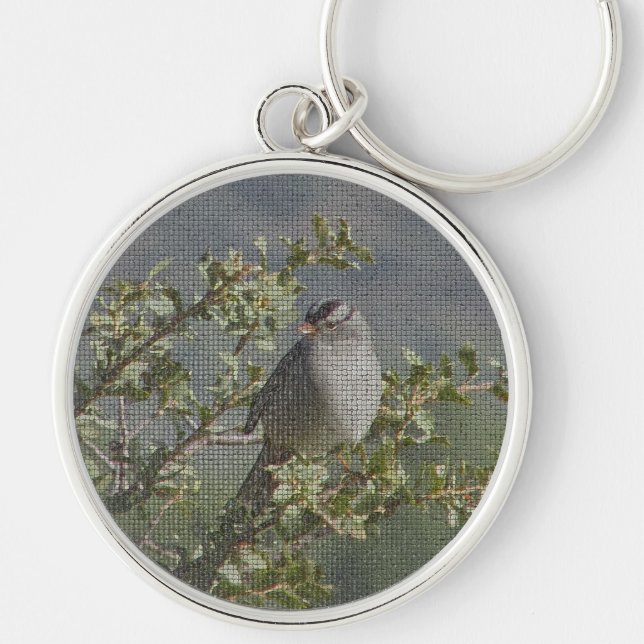 Sparrow on Branch Photo Birdwatcher Mosaic Bird Keychain (Front)