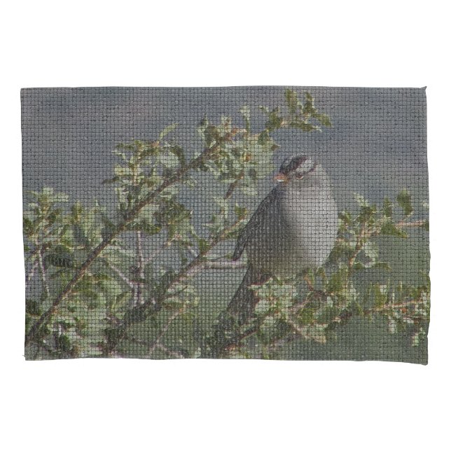 Sparrow on Branch Photo Mosaic Pattern Nature Pillow Case (Front)