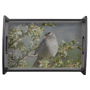 Sparrow on Branch Photo Mosaic Pattern Nature Serving Tray
