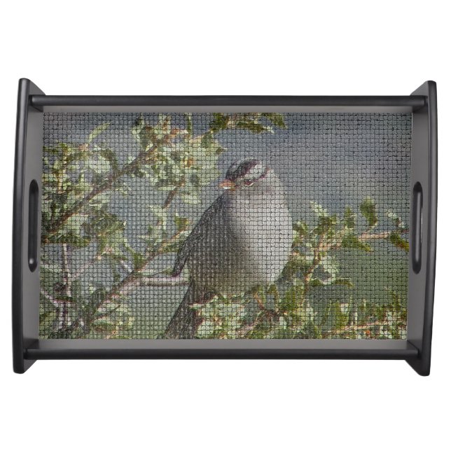 Sparrow on Branch Photo Mosaic Pattern Nature Serving Tray (Front)