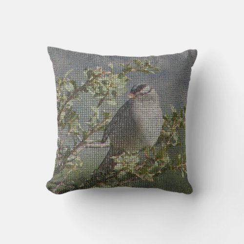 Sparrow on Branch Photo Mosaic Pattern Nature Throw Pillow