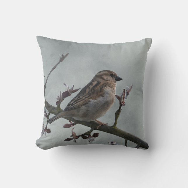Sparrow on Branch Throw Pillow (Front)