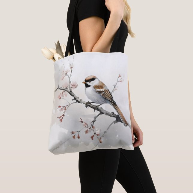 Sparrow on Spring Branch Tote Bag (Close Up)