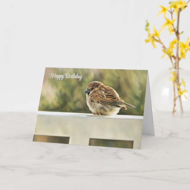 Sparrow on the Rail - Birthday Card (Yellow Flower)