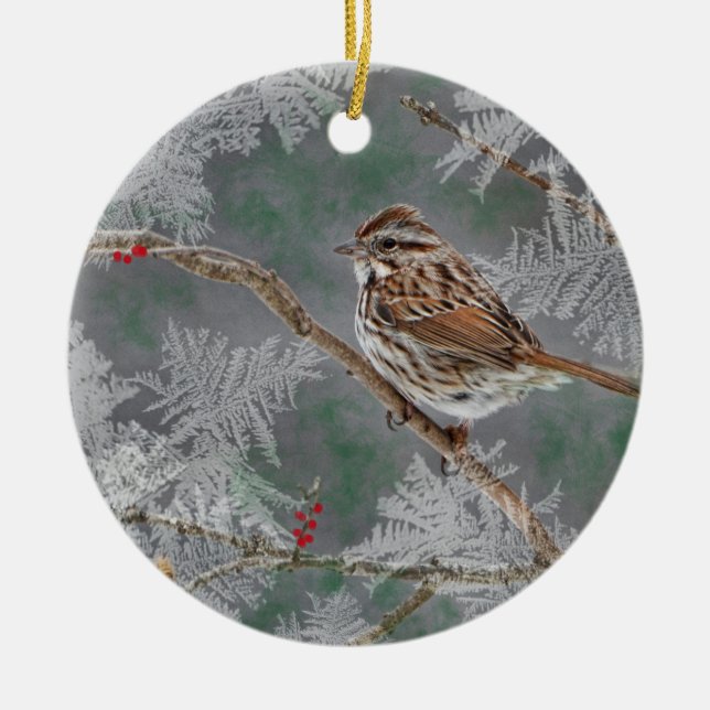 Sparrow  on twigs ornamant ceramic ornament (Front)