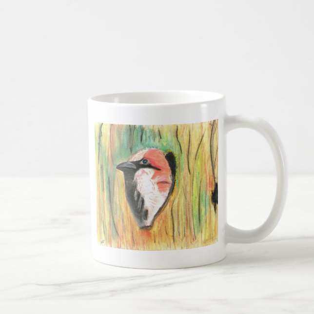 sparrow peaking from a piling coffee mug (Right)