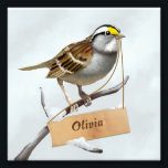 Sparrow Photo Print<br><div class="desc">White-throated sparrow (Zonotrichia albicollis) in the snow. Small wooden board. Customize name. Ideal for gift giving.</div>