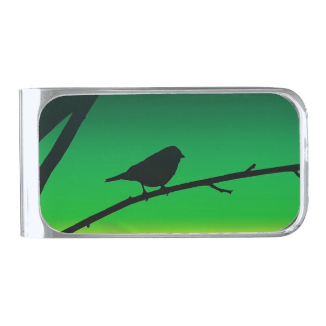 Sparrow Silhouette On Limonene Silver Finish Money Clip (Front)