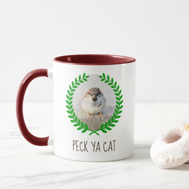 Sparrow Warrior - Peck Ya Cat funny customizable Mug (With Donut)
