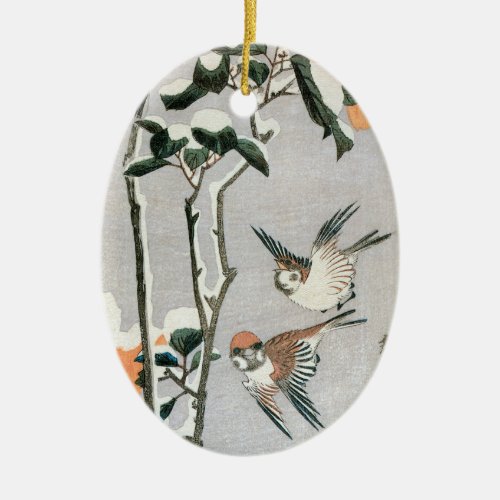 Sparrows and Camellia in Snow by Ando Hiroshige Ceramic Ornament
