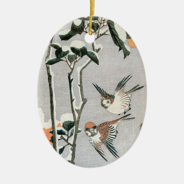 Sparrows and Camellia in Snow by Ando Hiroshige Ceramic Ornament (Front)