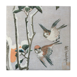 Sparrows and Camellia in Snow by Ando Hiroshige Ceramic Tile