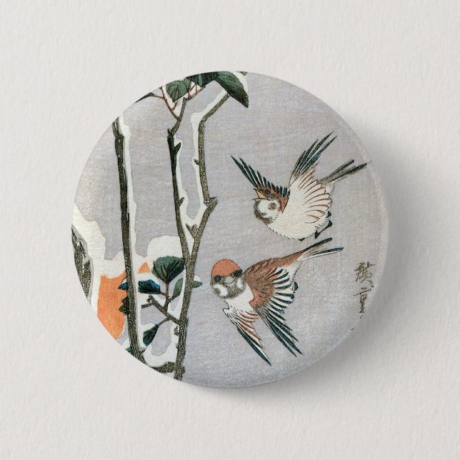 Sparrows and Camellia in Snow by Ando Hiroshige Pinback Button (Front)