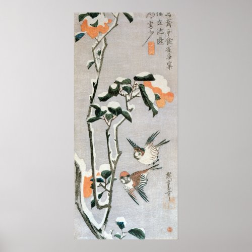 Sparrows and Camellia in Snow by Ando Hiroshige Poster