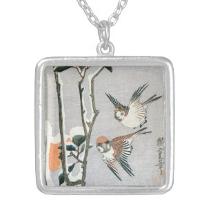 Sparrows and Camellia in Snow by Ando Hiroshige Silver Plated Necklace