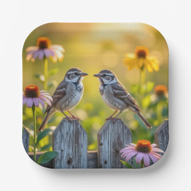 Sparrows and Cone Flowers By a Wood Fence Paper Plates (Front)