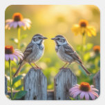 Sparrows and Cone Flowers By a Wood Fence Square Sticker