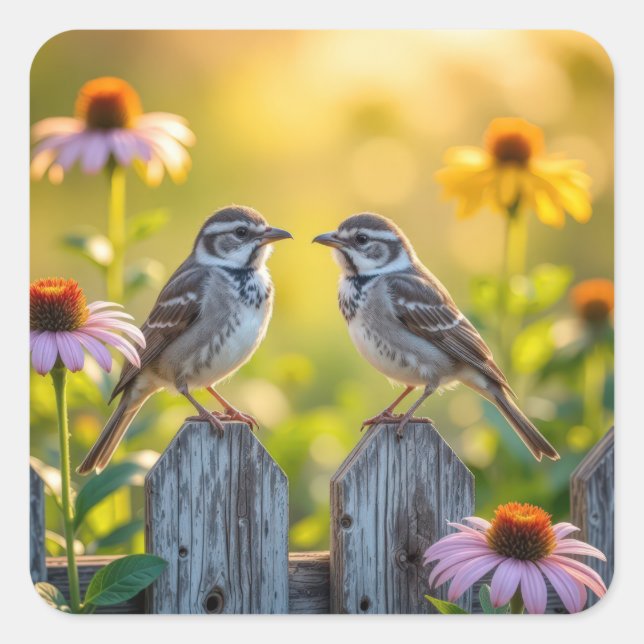 Sparrows and Cone Flowers By a Wood Fence Square Sticker (Front)