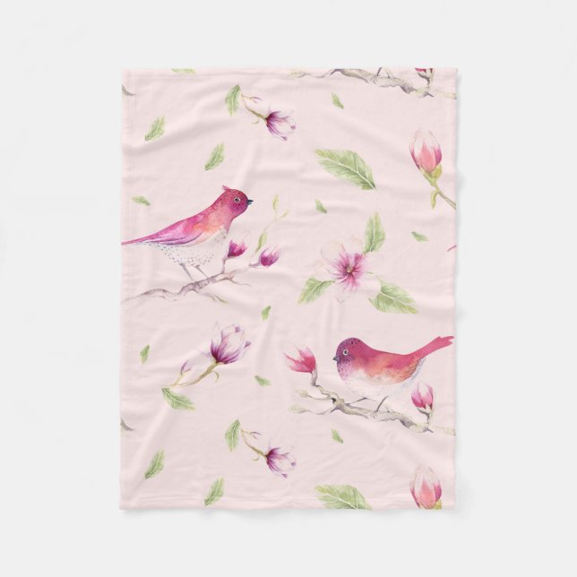 Sparrows And Flowers Fleece Blanket (Front)