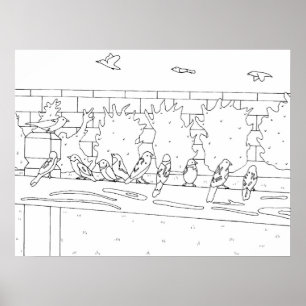 Sparrows Birds meeting on the rail drawing, Poster