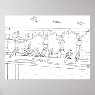 Sparrows Birds meeting on the rail drawing, Poster