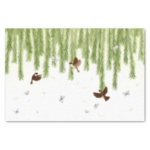 Sparrows  Butterflies Under a Weeping Willow Tissue Paper
