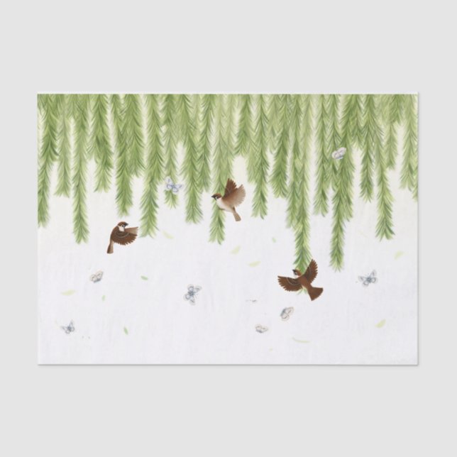 Sparrows & Butterflies Under a Weeping Willow Tissue Paper (Front)