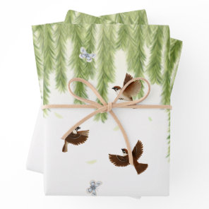 Sparrows & Butterflies Under a Weeping Willow Wrapping Paper Sheets