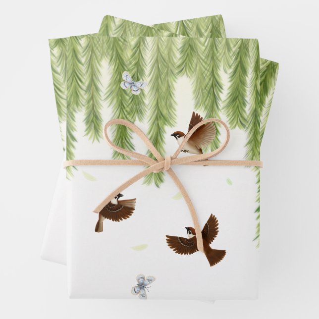 Sparrows & Butterflies Under a Weeping Willow Wrapping Paper Sheets (In situ)