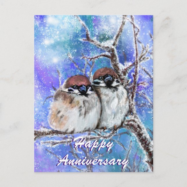 Sparrows Couple In Winter Happy Anniversary Card (Front)