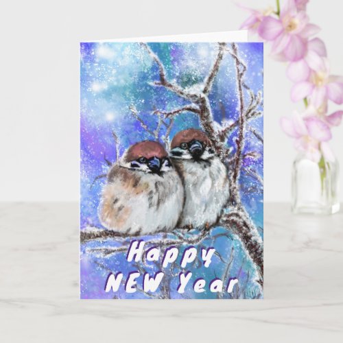 Sparrows Couple In Winter New Year Card