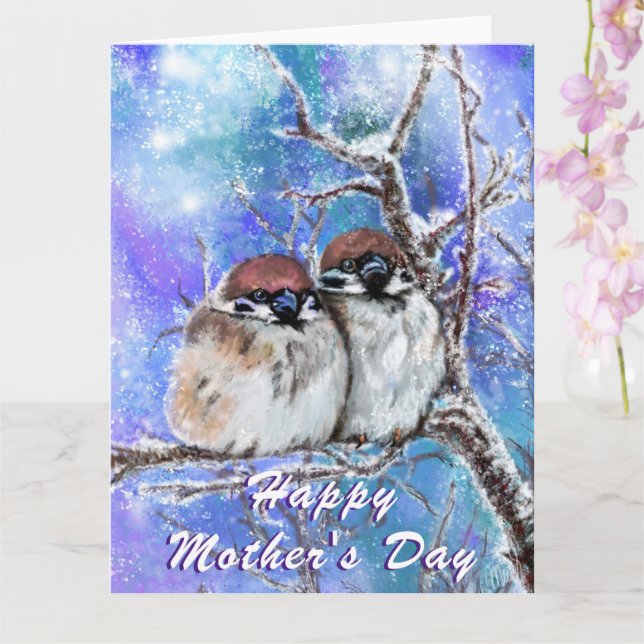 Sparrows Family In Winter Mother's Day Card (Orchid)