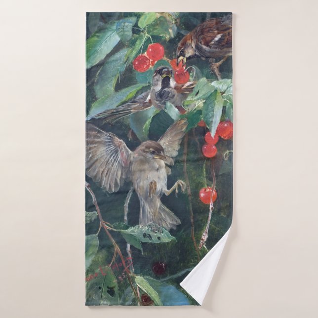 Sparrows in a Cherry Tree, Bruno Liljefors Bath Towel (Bath Towel)