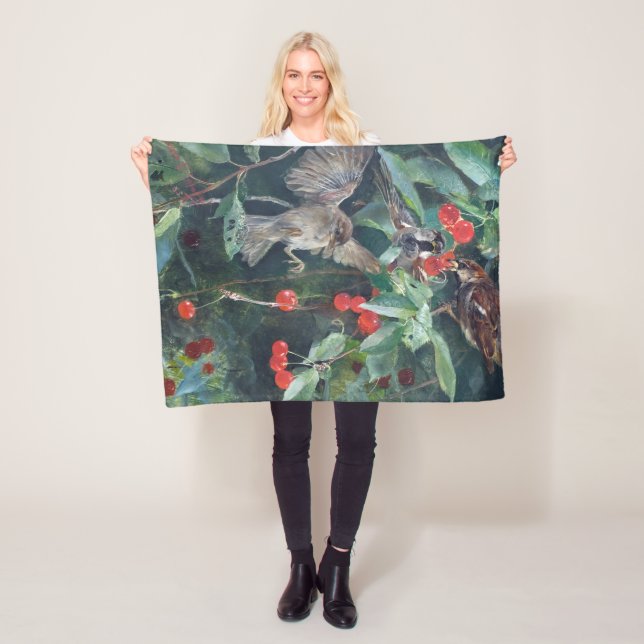 Sparrows in a Cherry Tree, Bruno Liljefors Fleece Blanket (In Situ)