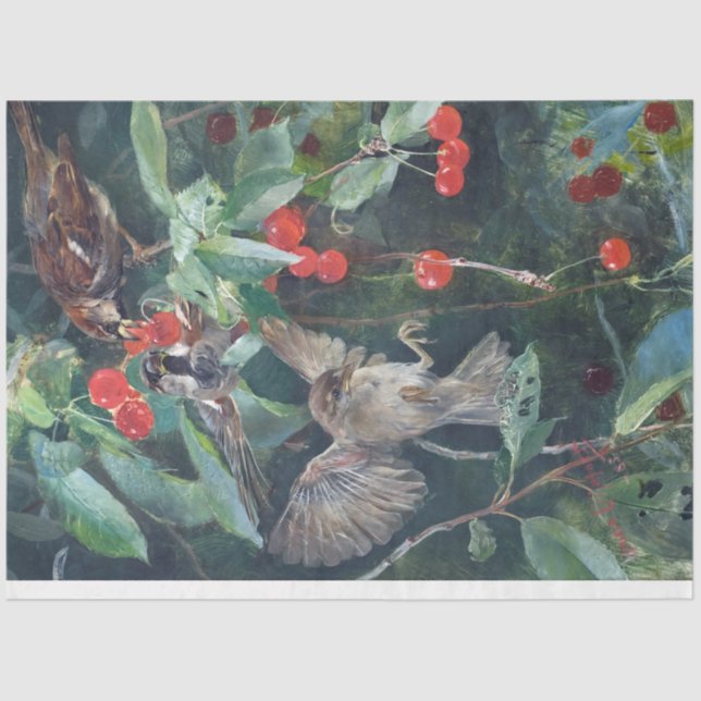 Sparrows in a Cherry Tree, Bruno Liljefors Tissue Paper (Front)