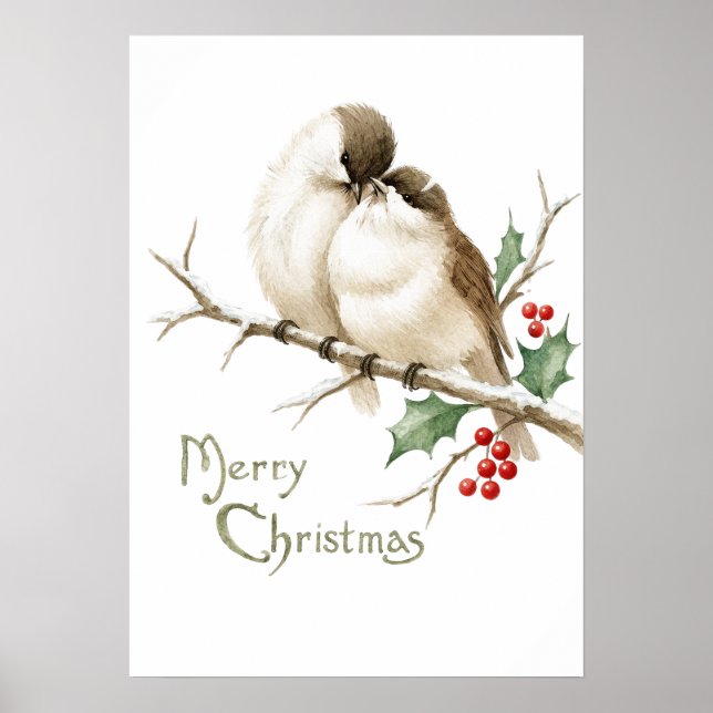 Sparrows on a Christmas Branch Poster (Front)