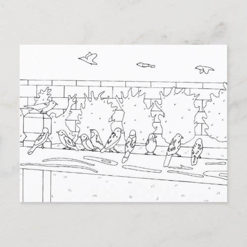 Sparrows on a rail coloring postcards