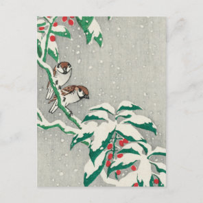 Sparrows on Snowy Berry Bush by Ohara Koson Postcard