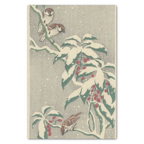 Sparrows on Snowy Currant Bush by Ohara Koson Tissue Paper