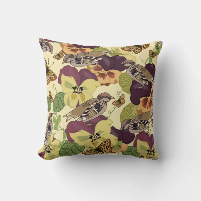 Sparrows & Pansies – Vintage Nature Throw Pillow (Front)