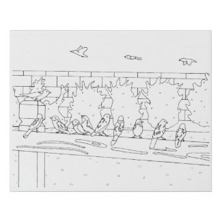 Sparrows sitting on rail outline drawing to paint