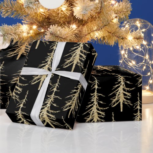 Sparse Gold Pine Trees On Black Elegant Wrapping Paper
